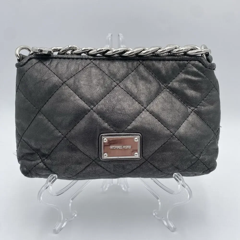 Michael Kors Mini-Quilted Purse Dark Metallic Gray Silver Hardware Chain